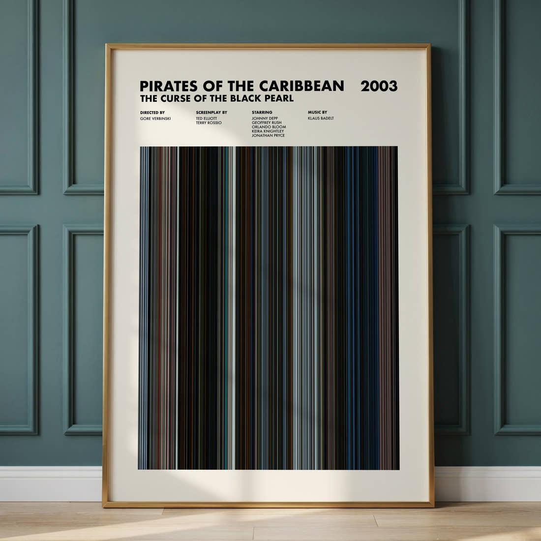 Pirates of the Caribbean: The Curse of the Black Pearl Movie Barcode Poster framed and leaning against a panelled wall