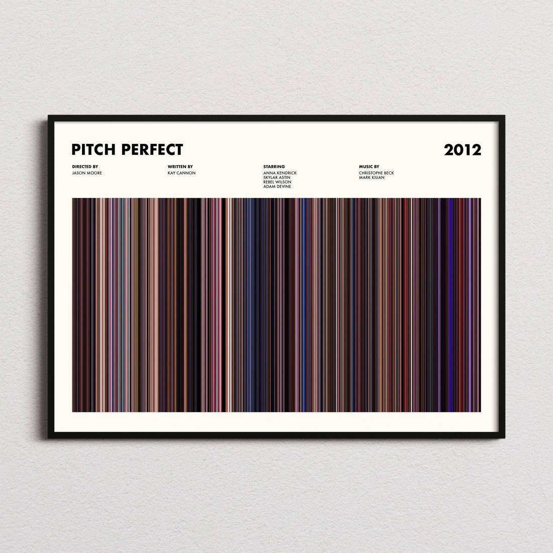 Pitch Perfect Movie Barcode Poster framed and photographed straight on