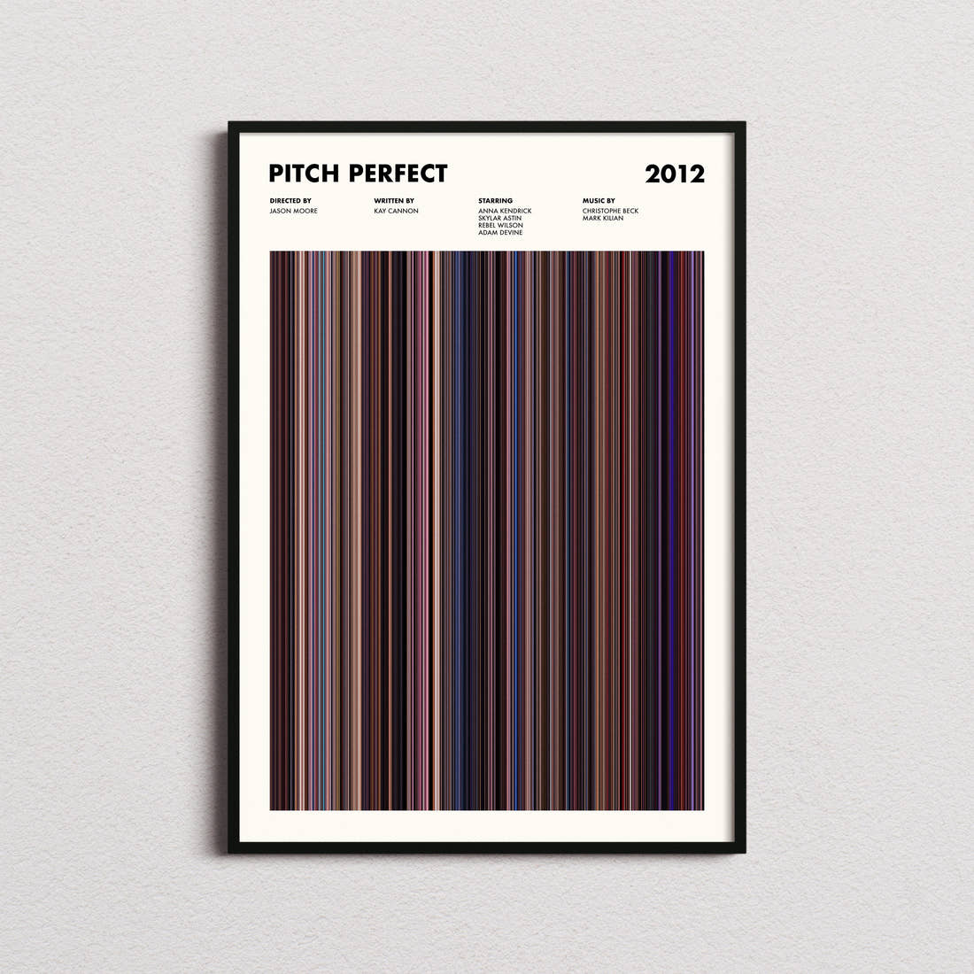 Pitch Perfect Movie Barcode Poster framed on a plain studio wall
