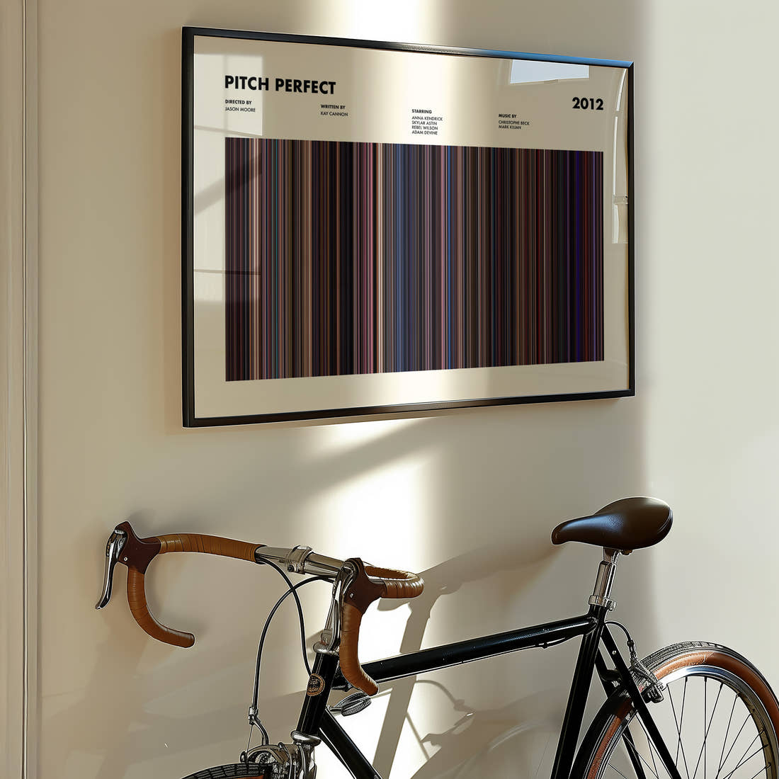 Pitch Perfect Movie Barcode Poster framed on the wall of a styled room setting
