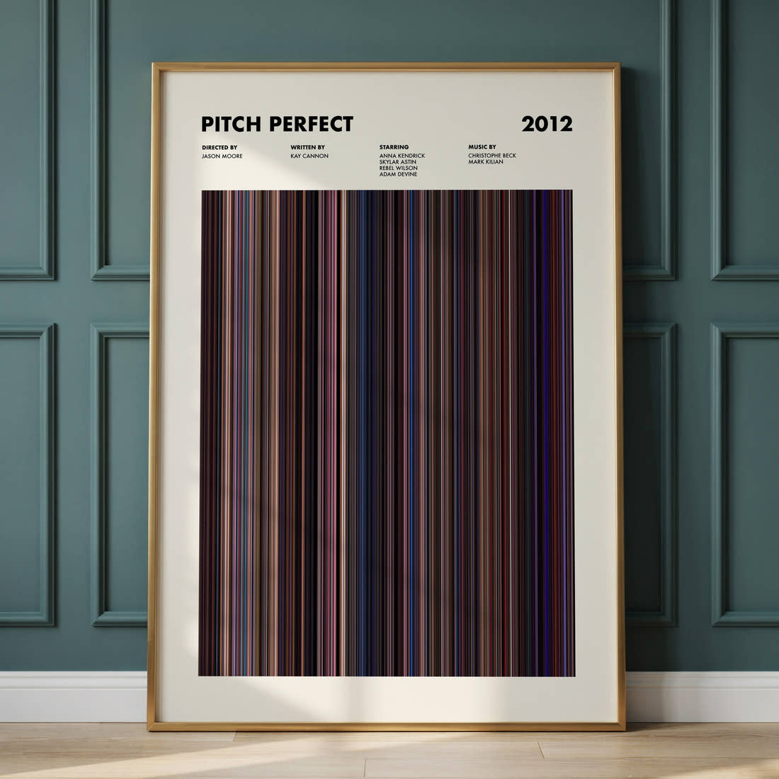 Pitch Perfect Movie Barcode Poster framed and leaning against a panelled wall