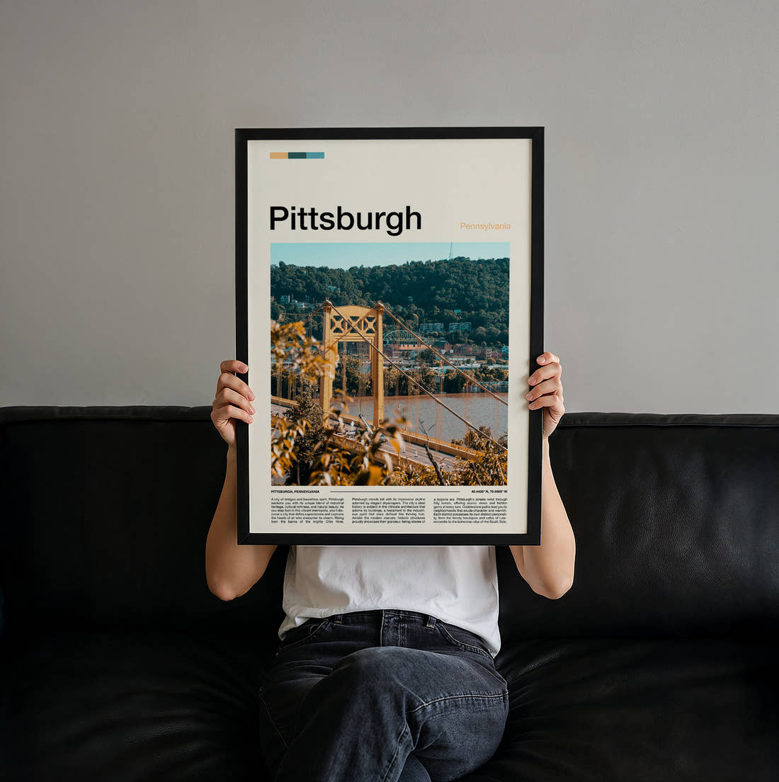 Pittsburgh Yellow Suspension Bridge Travel Print held up by hand to show the size of the print