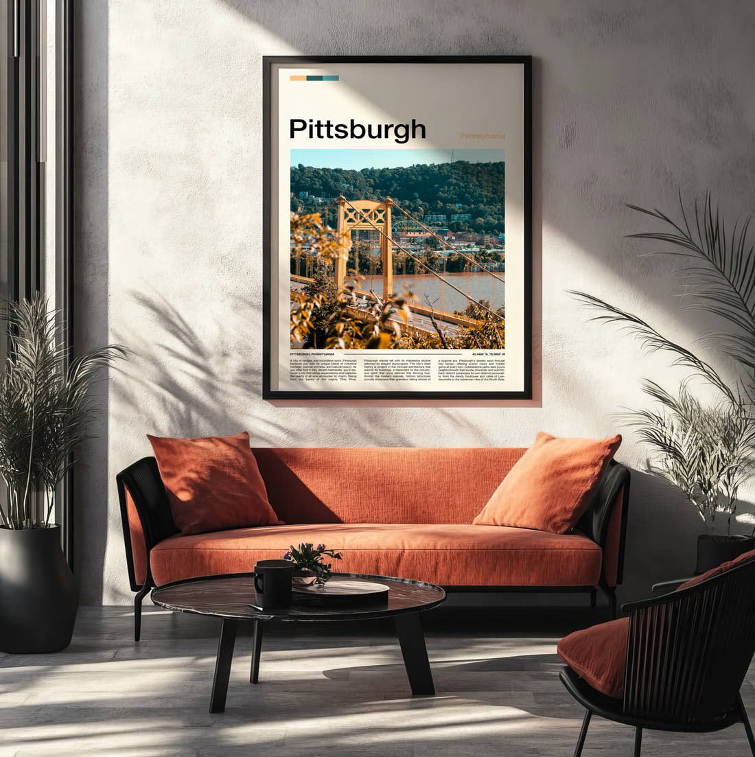 Pittsburgh Yellow Suspension Bridge Travel Print framed on the wall of a modern living room