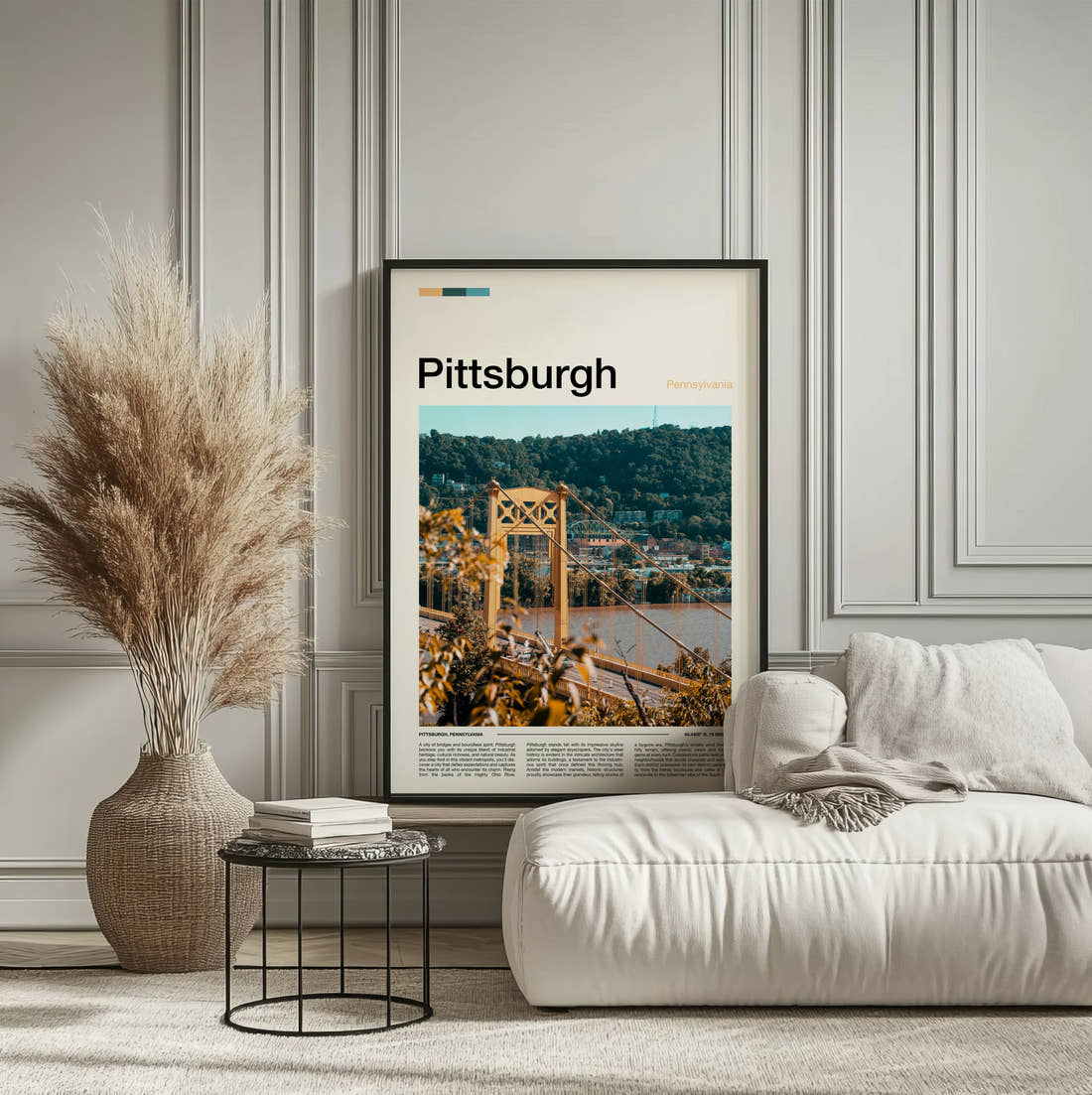 Pittsburgh Yellow Suspension Bridge Travel Print framed on the wall of a calm, neutral bedroom