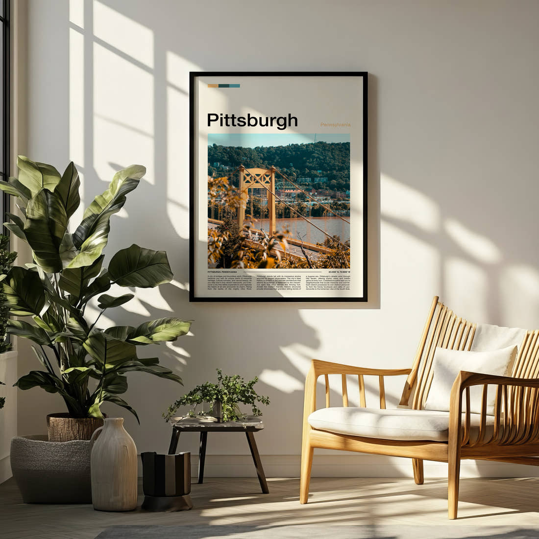 Pittsburgh Yellow Suspension Bridge Travel Print framed on a pale wall beside houseplants
