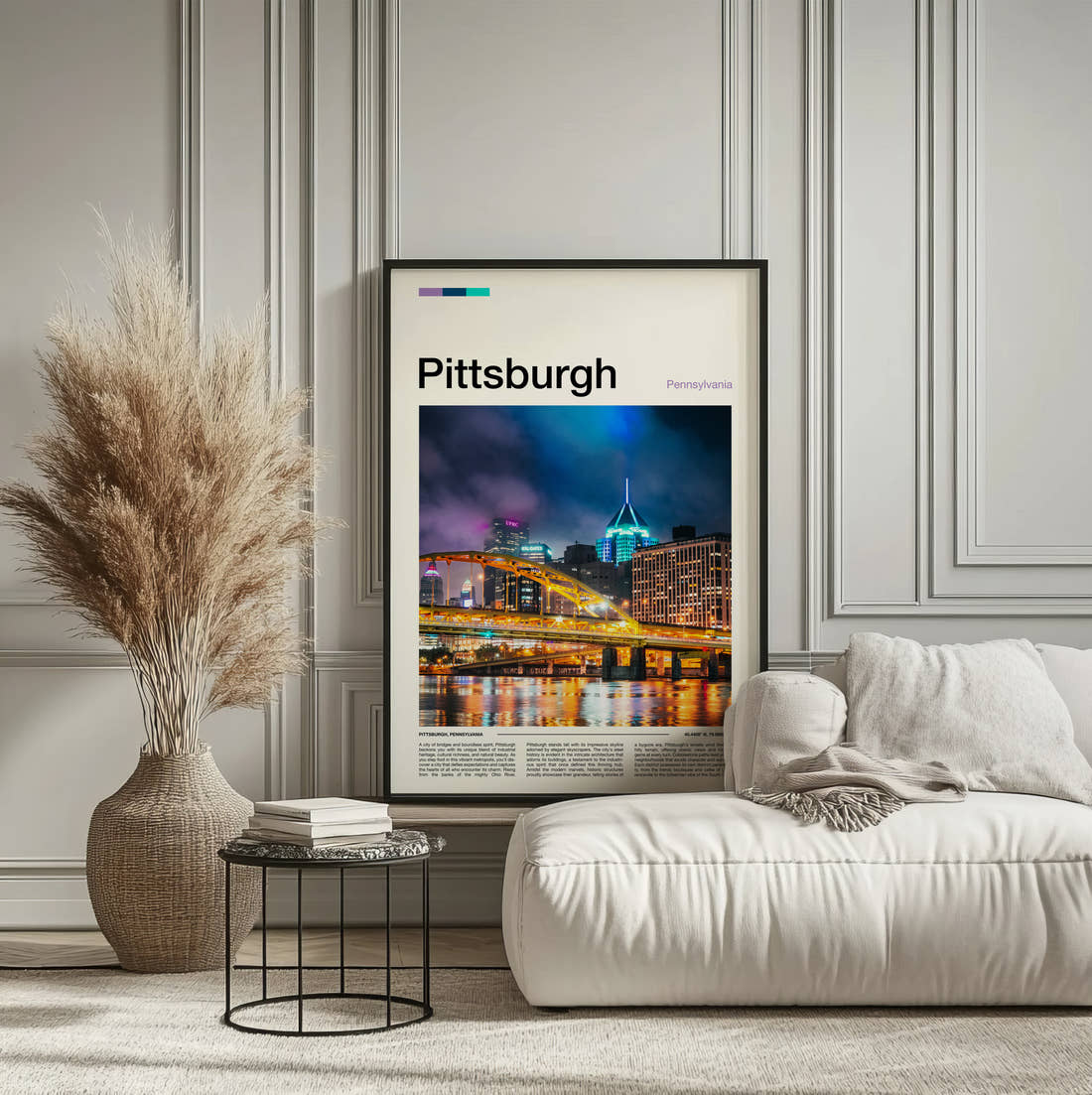 Pittsburgh Bridge At Night Travel Print framed on the wall of a calm, neutral bedroom