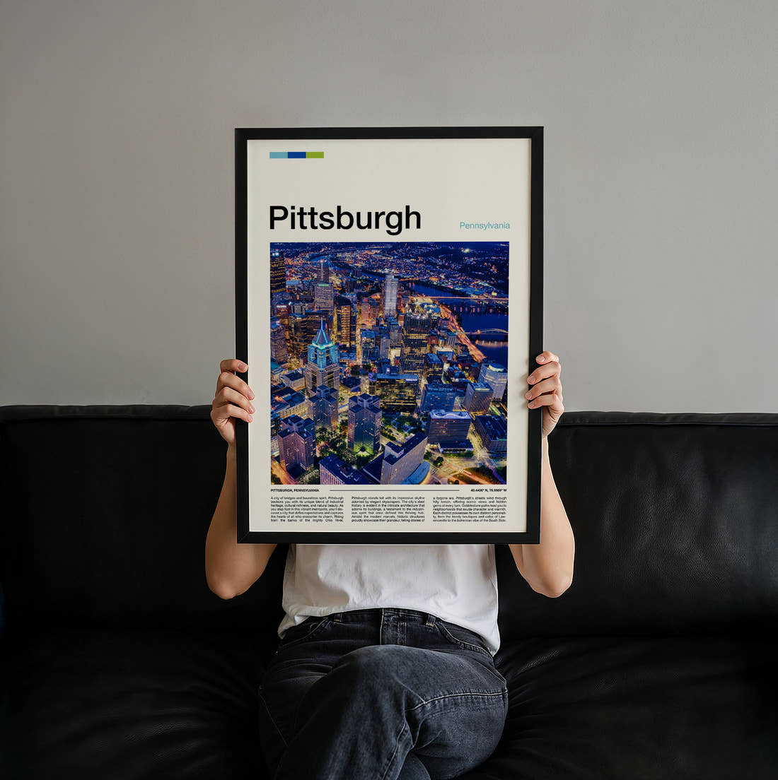 Pittsburgh Night Skyline From Above Travel Print held up by hand to show the size of the print