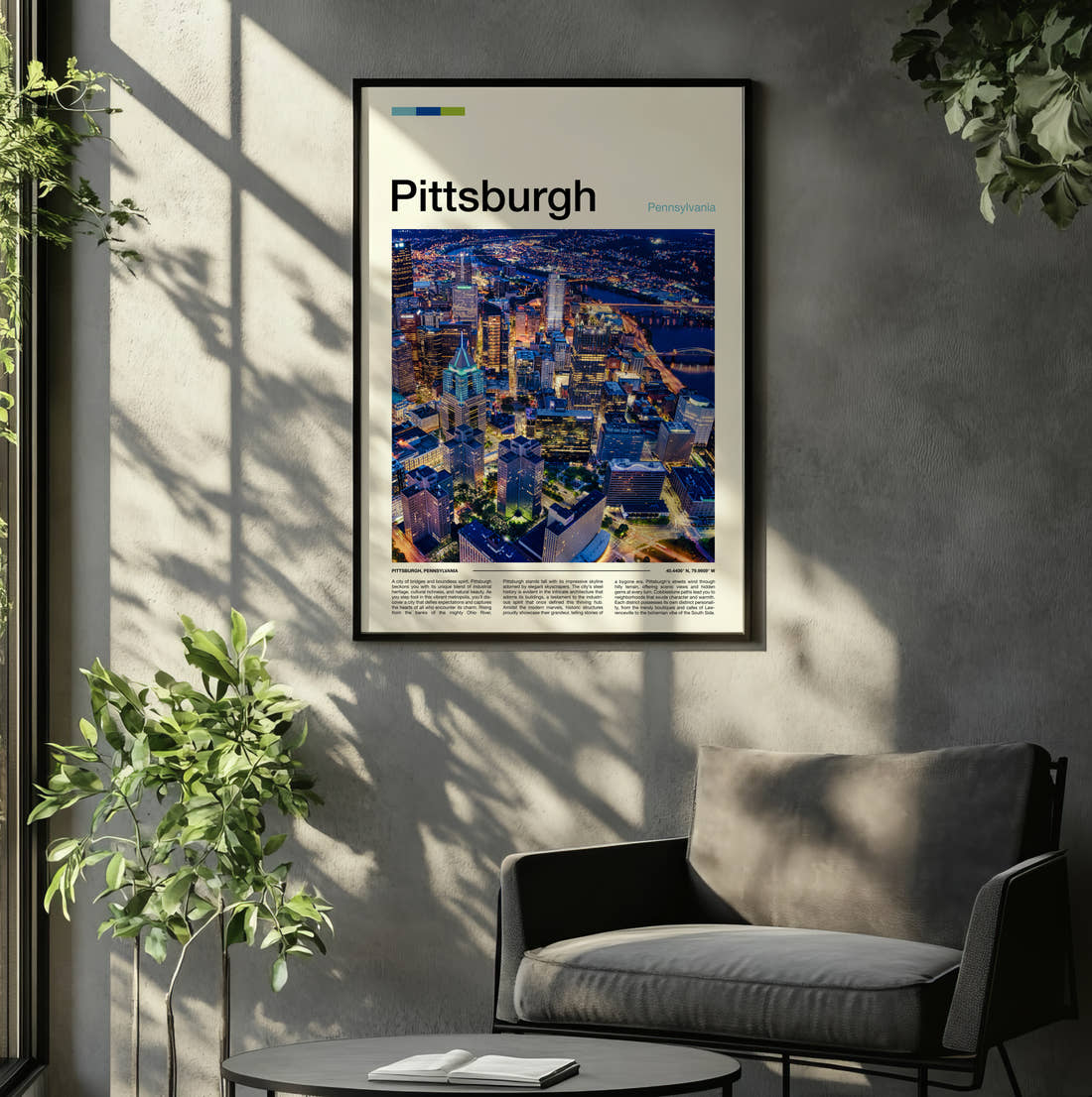 Pittsburgh Night Skyline From Above Travel Print framed on the wall of a relaxed living room