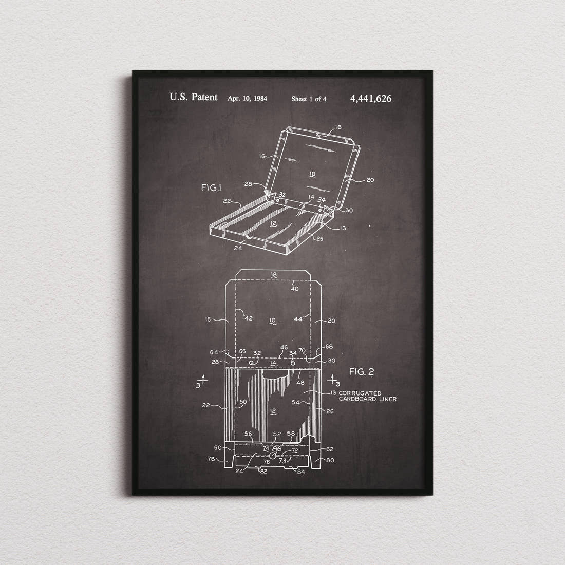 Pizza Box Patent Print in the blackboard colourway, framed
