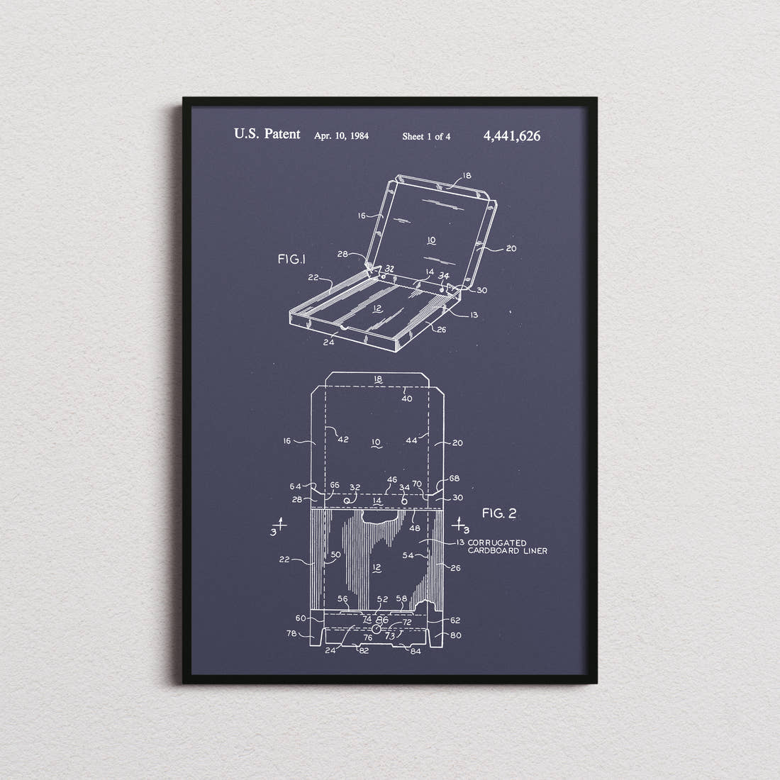 Pizza Box Patent Print in the navy colourway, framed