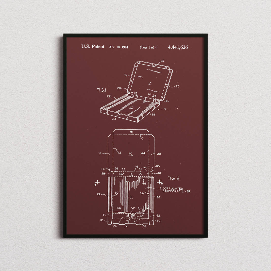 Pizza Box Patent Print in the burgundy colourway, framed
