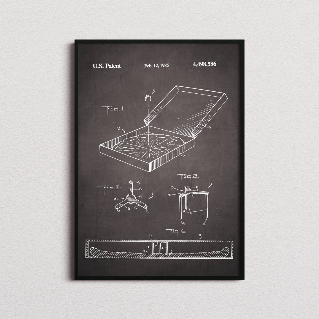 Pizza Box Saver Patent Print in the blackboard colourway, framed
