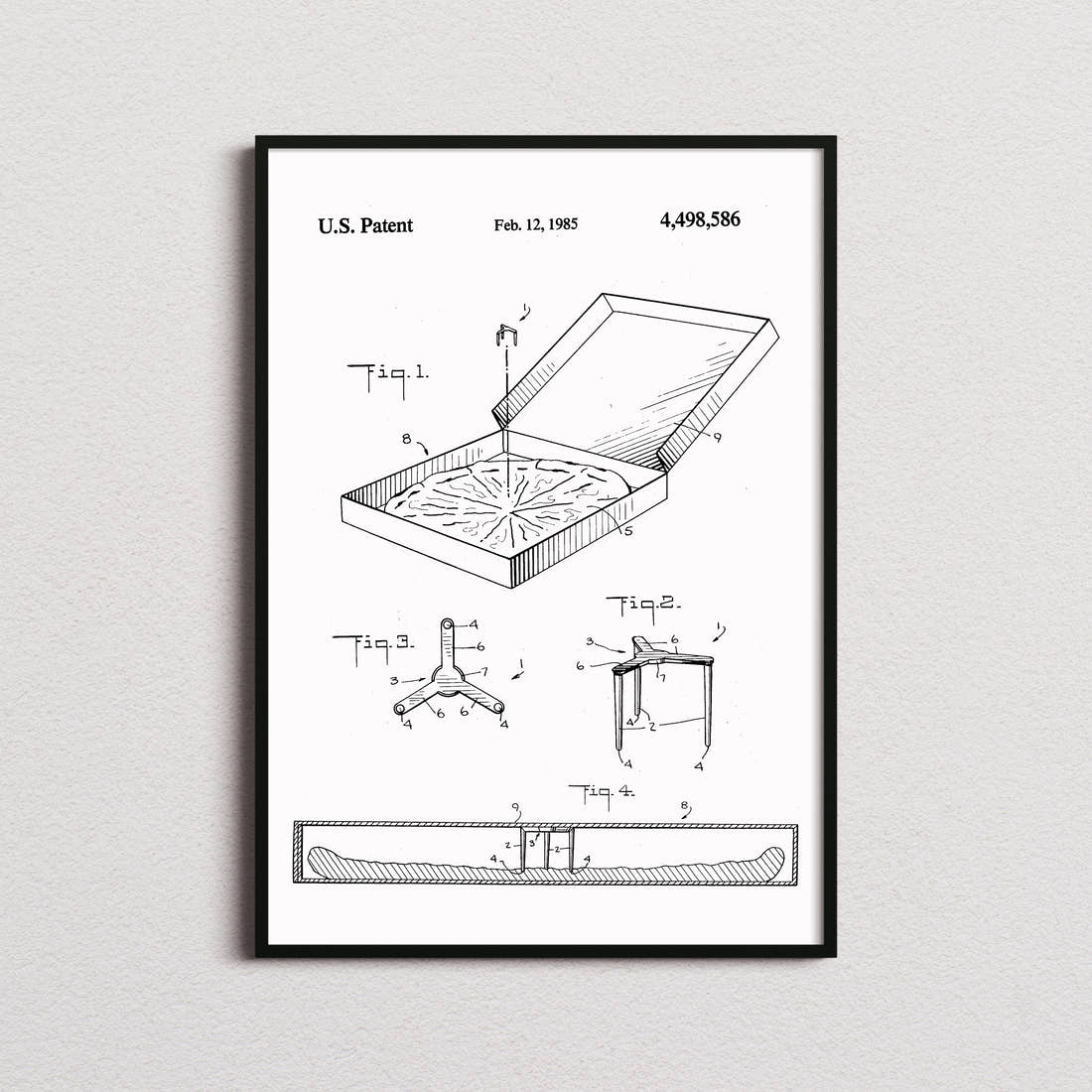 Pizza Box Saver Patent Print in the white colourway, framed