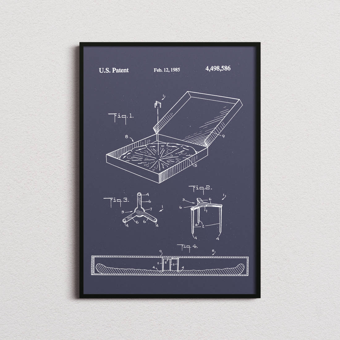 Pizza Box Saver Patent Print in the navy colourway, framed