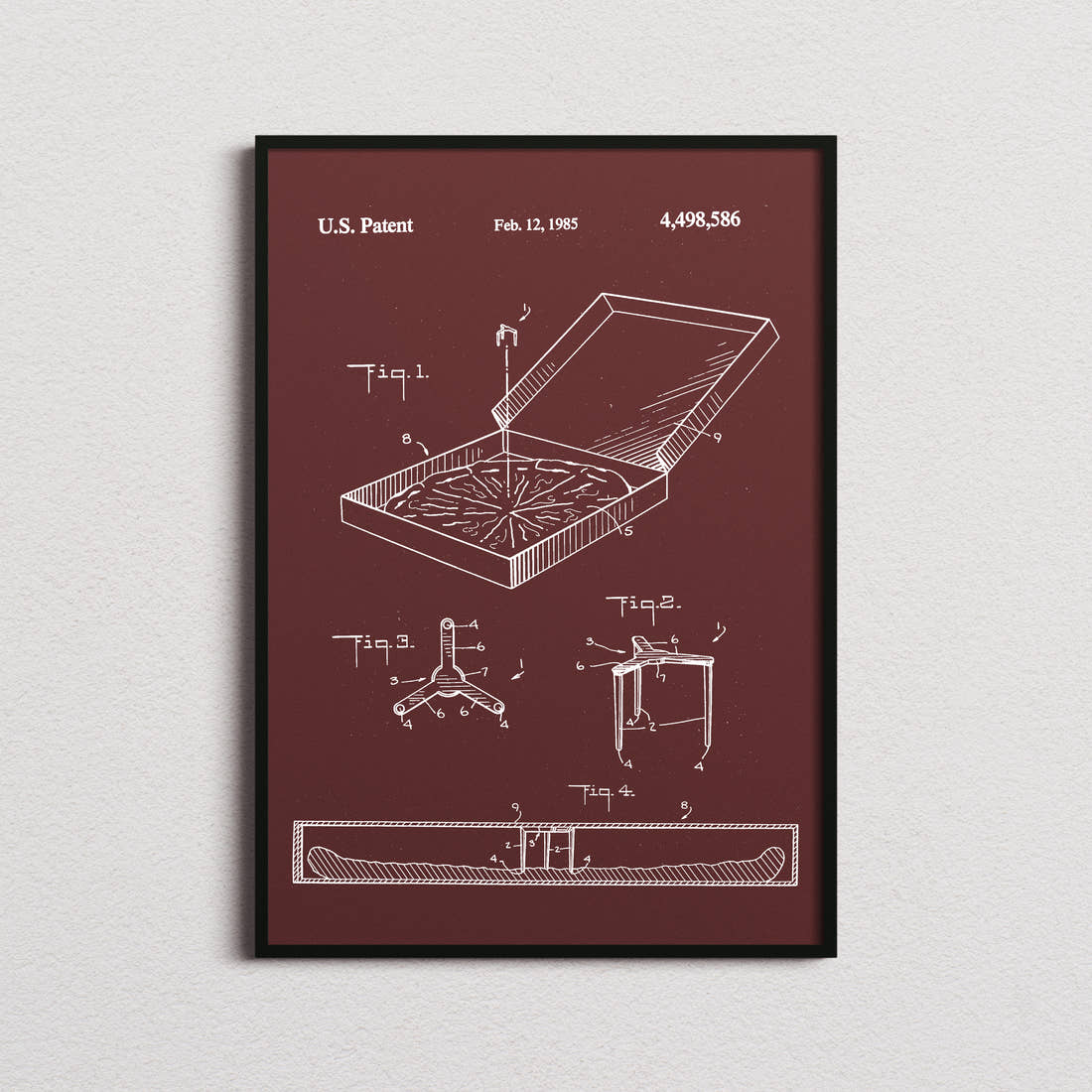 Pizza Box Saver Patent Print in the burgundy colourway, framed