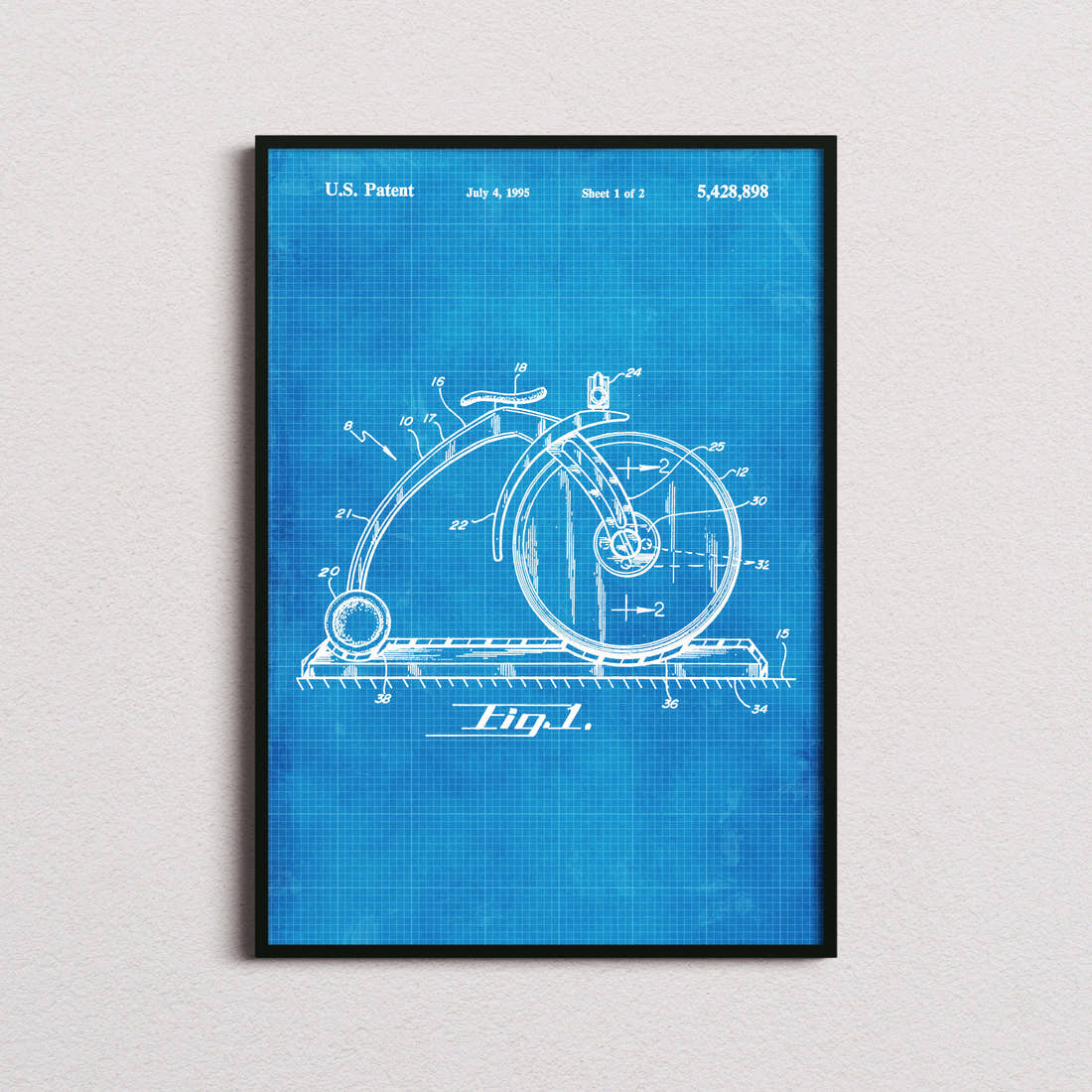 Pizza Cutter Patent Print in the blueprint colourway, framed
