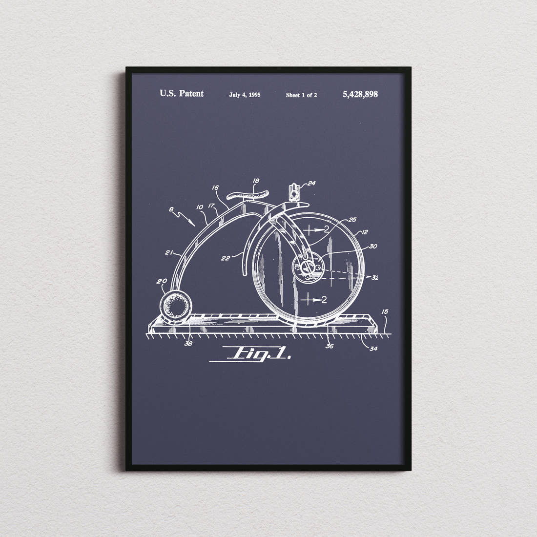 Pizza Cutter Patent Print in the navy colourway, framed