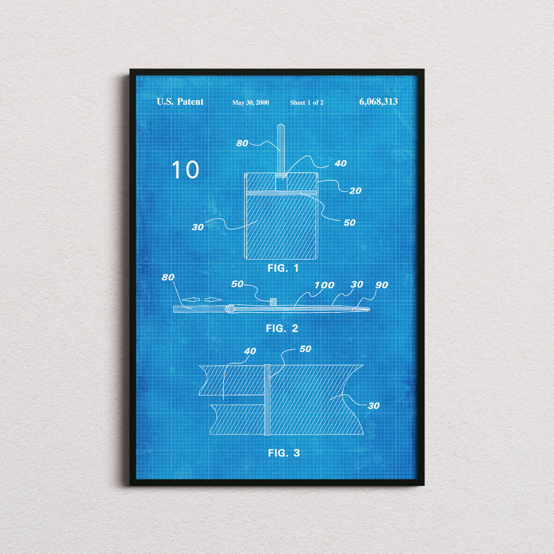 Pizza Paddle Patent Print in the blueprint colourway, framed