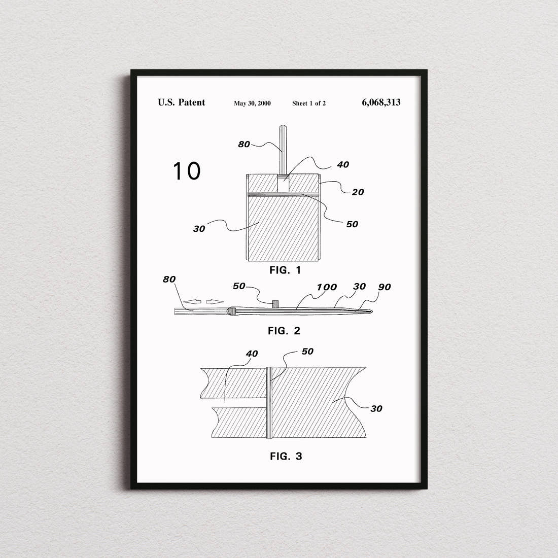 Pizza Paddle Patent Print in the white colourway, framed