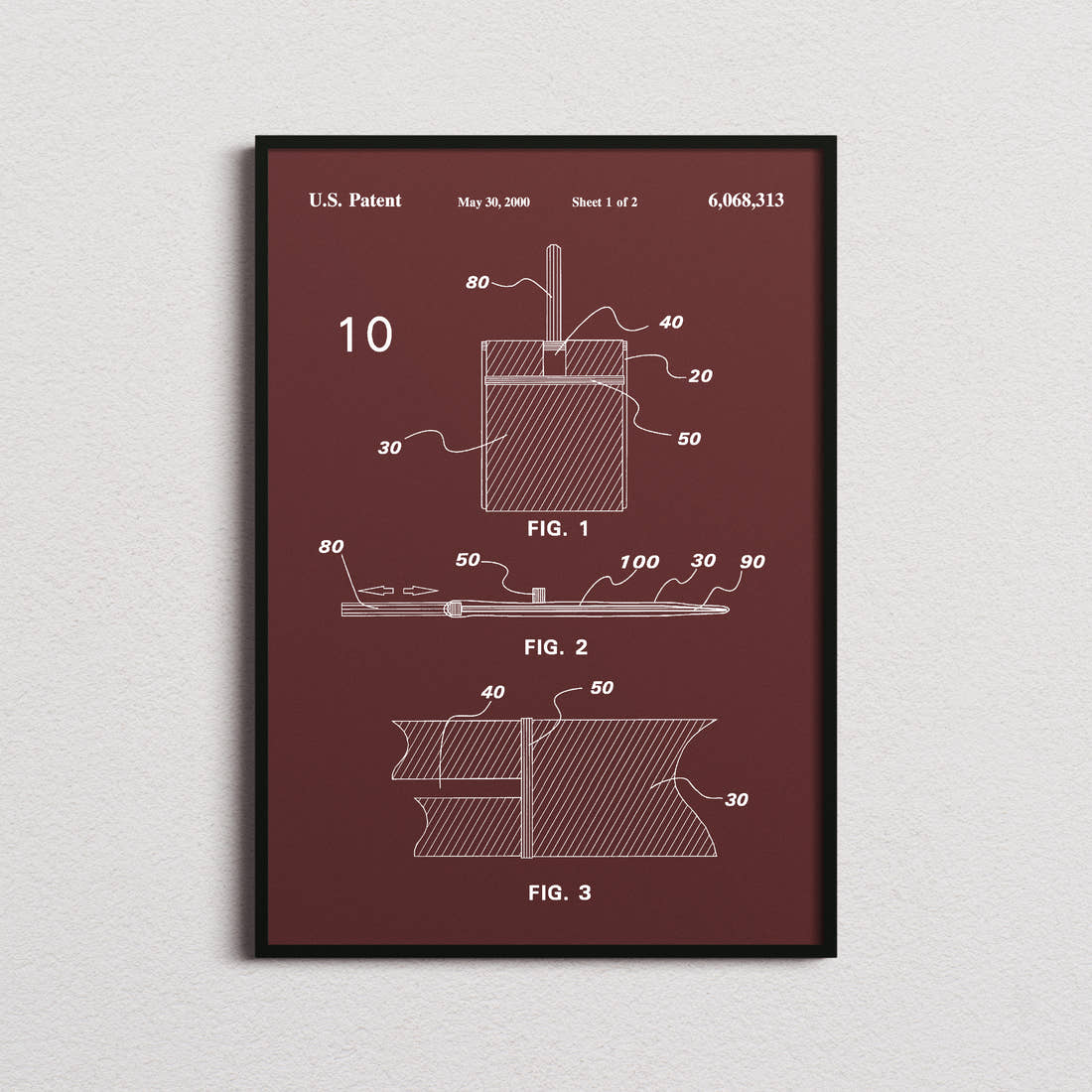 Pizza Paddle Patent Print in the burgundy colourway, framed