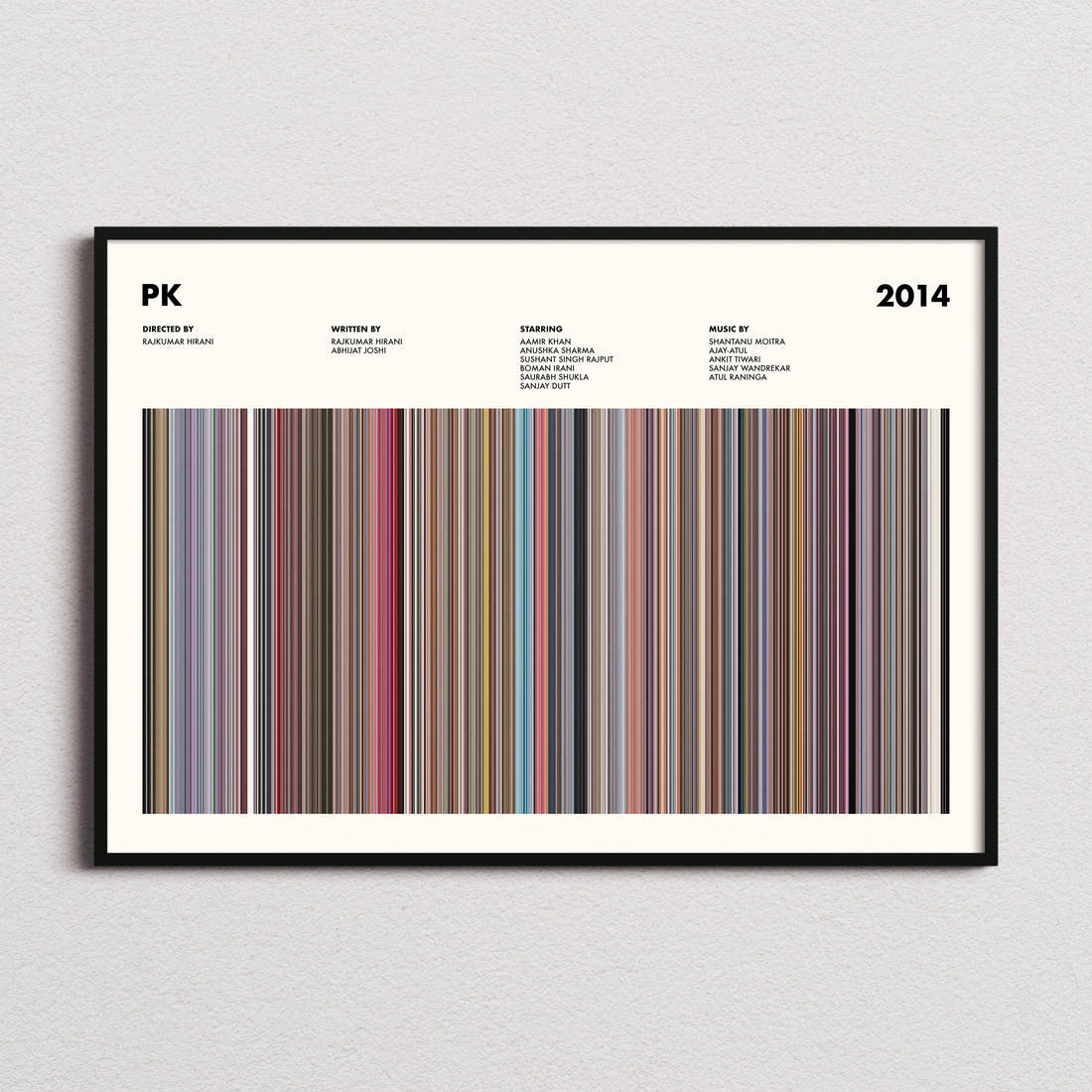 PK Movie Barcode Poster framed and photographed straight on