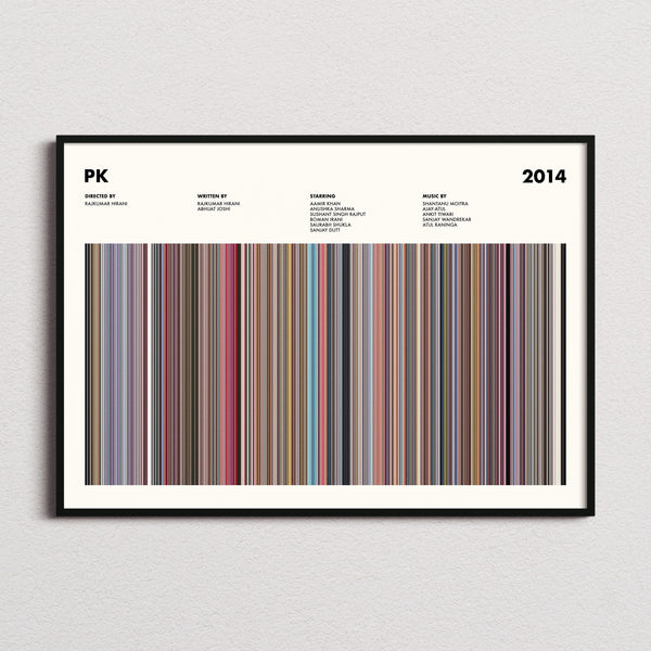 PK Movie Barcode Poster framed and photographed straight on