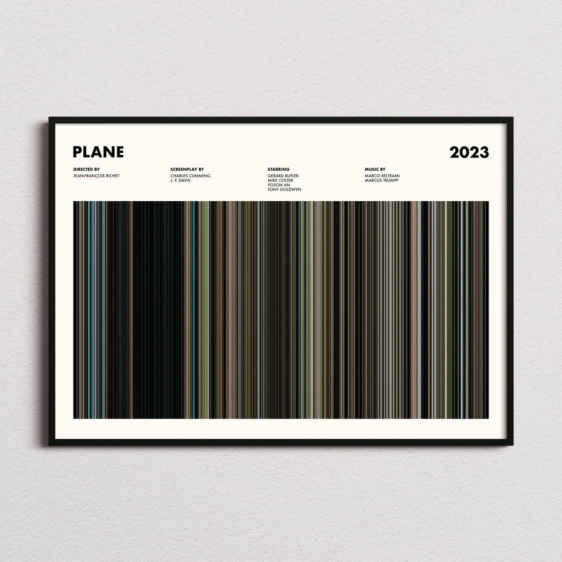 Plane Movie Barcode Poster framed and photographed straight on