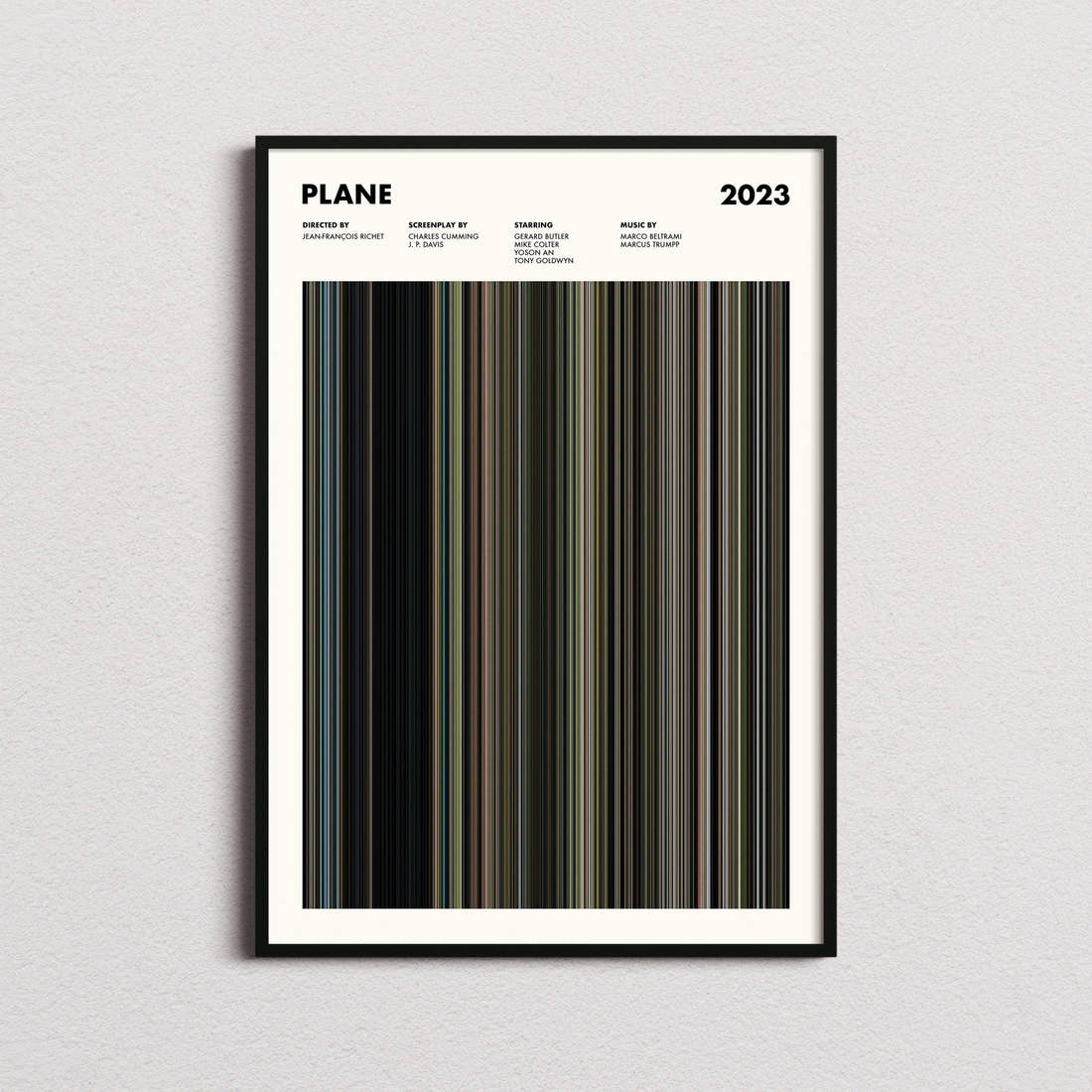 Plane Movie Barcode Poster framed on a plain studio wall