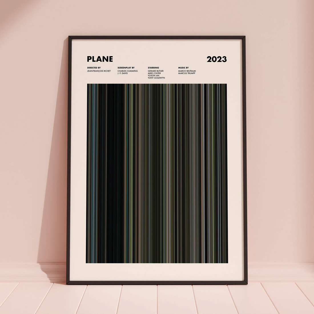 Plane Movie Barcode Poster framed and leaning against a coloured wall