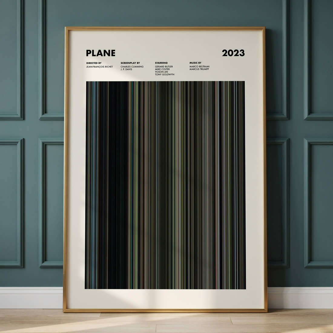 Plane Movie Barcode Poster framed and leaning against a panelled wall