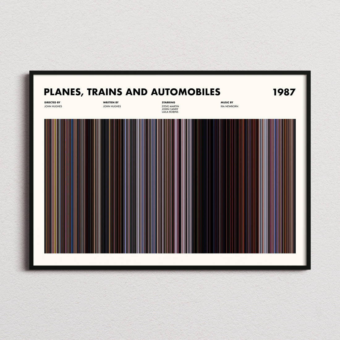 Planes, Trains and Automobiles Movie Barcode Poster framed and photographed straight on