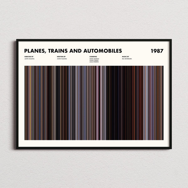 Planes, Trains and Automobiles Movie Barcode Poster framed and photographed straight on