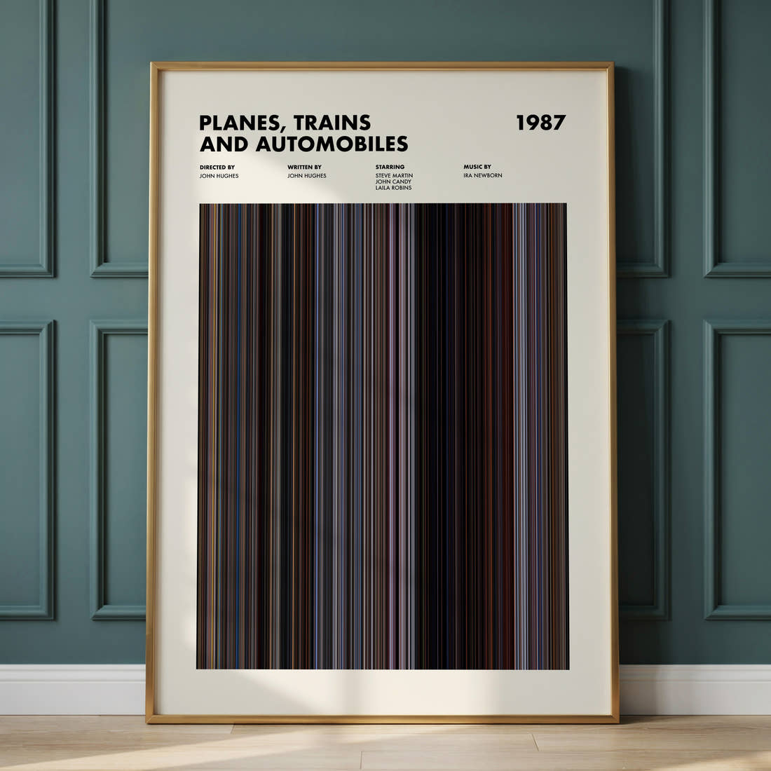 Planes, Trains and Automobiles Movie Barcode Poster framed and leaning against a panelled wall