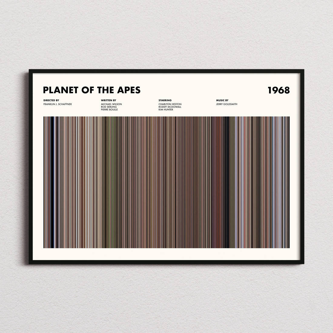Planet Of The Apes 1968 Movie Barcode Poster framed and photographed straight on