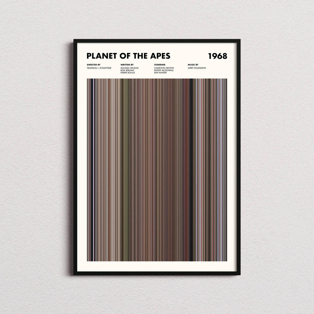 Planet Of The Apes 1968 Movie Barcode Poster framed on a plain studio wall