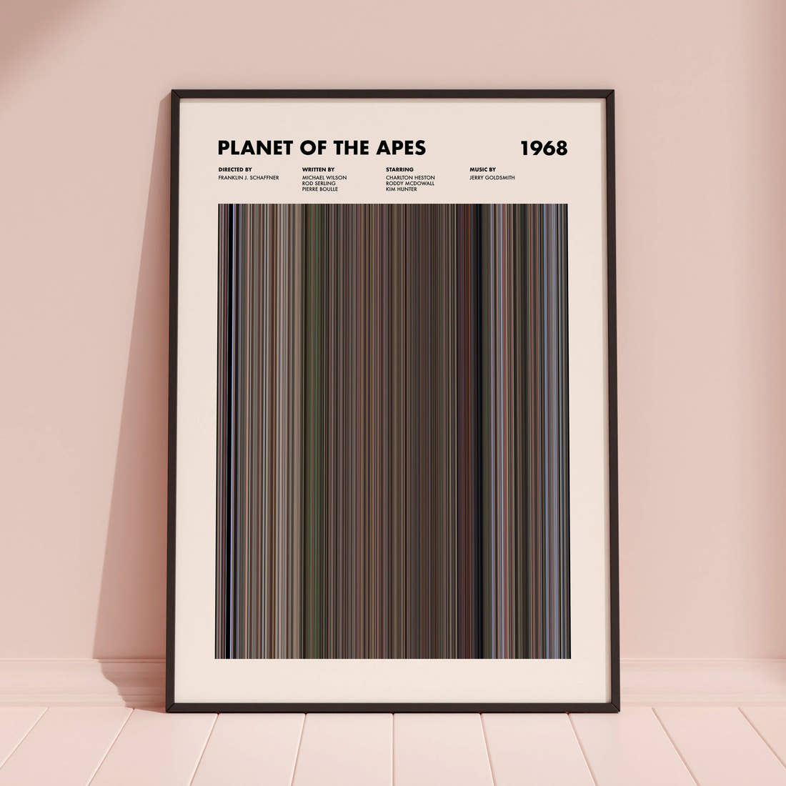 Planet Of The Apes 1968 Movie Barcode Poster framed and leaning against a coloured wall