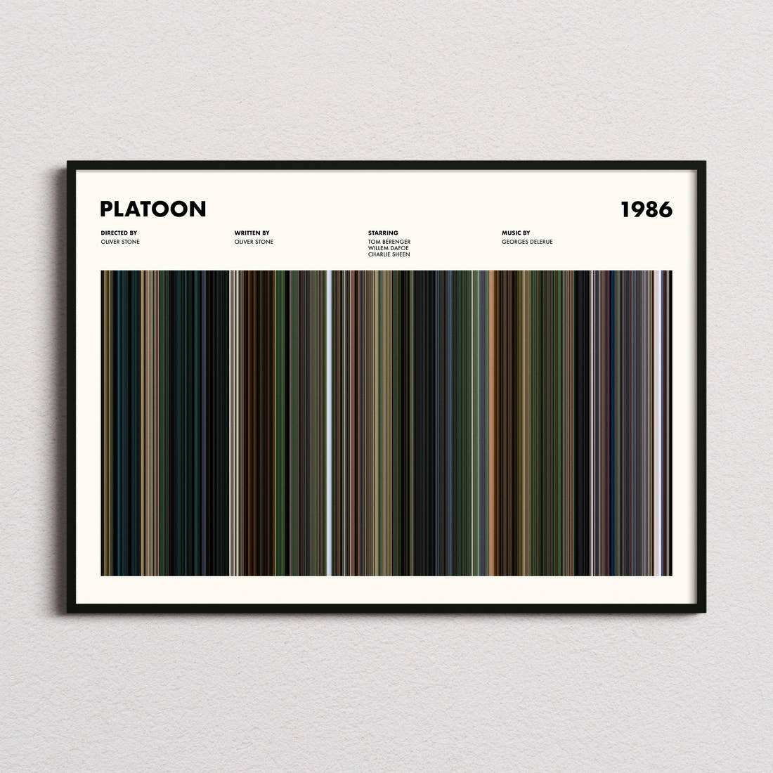 Platoon Movie Barcode Poster framed and photographed straight on