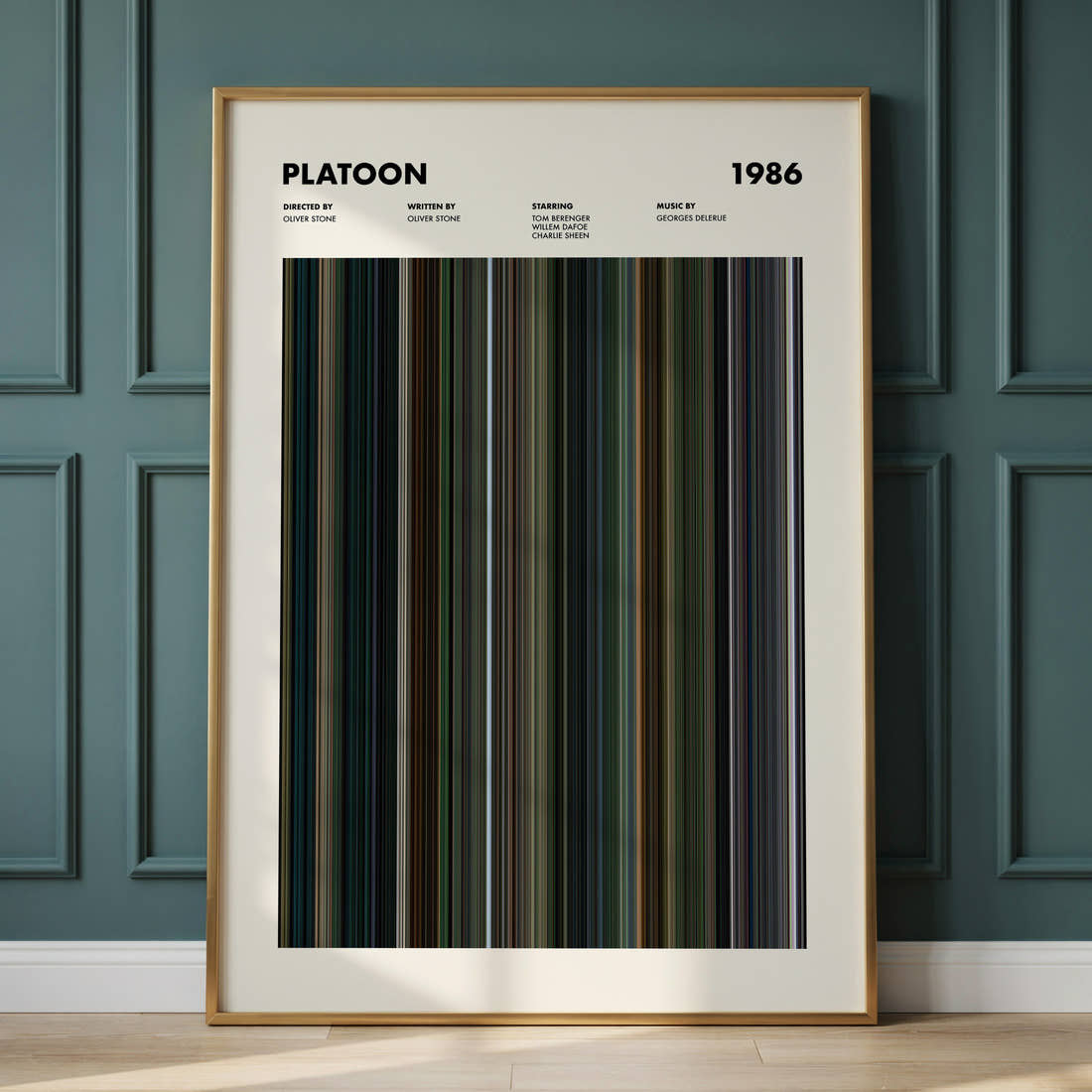 Platoon Movie Barcode Poster framed and leaning against a panelled wall