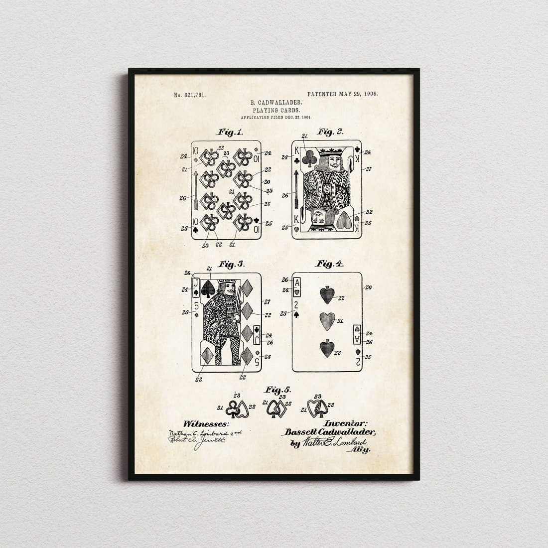 Playing Cards Patent Print in the aged paper colourway, framed