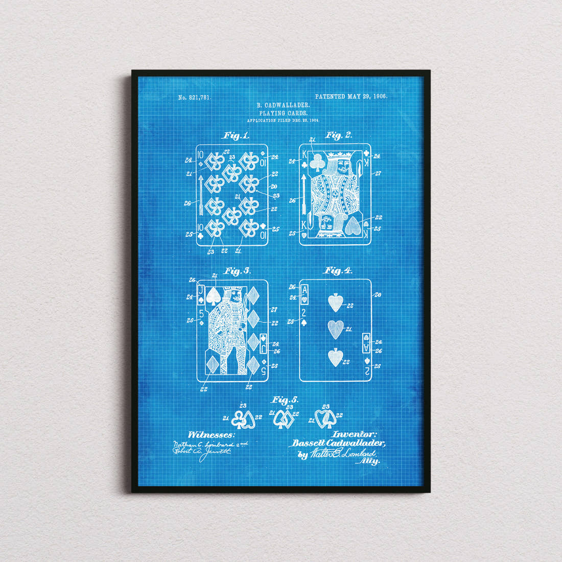 Playing Cards Patent Print in the blueprint colourway, framed