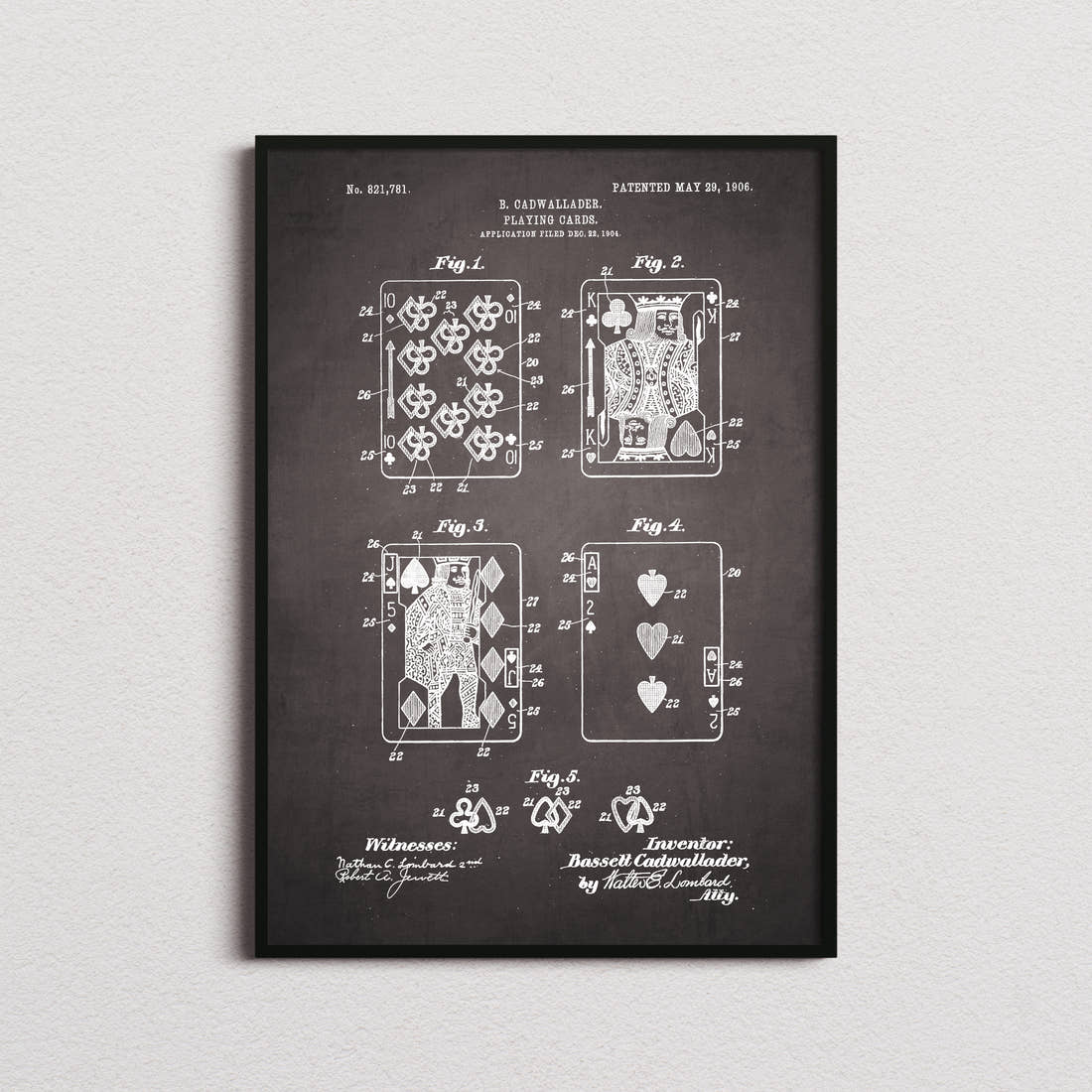 Playing Cards Patent Print in the blackboard colourway, framed