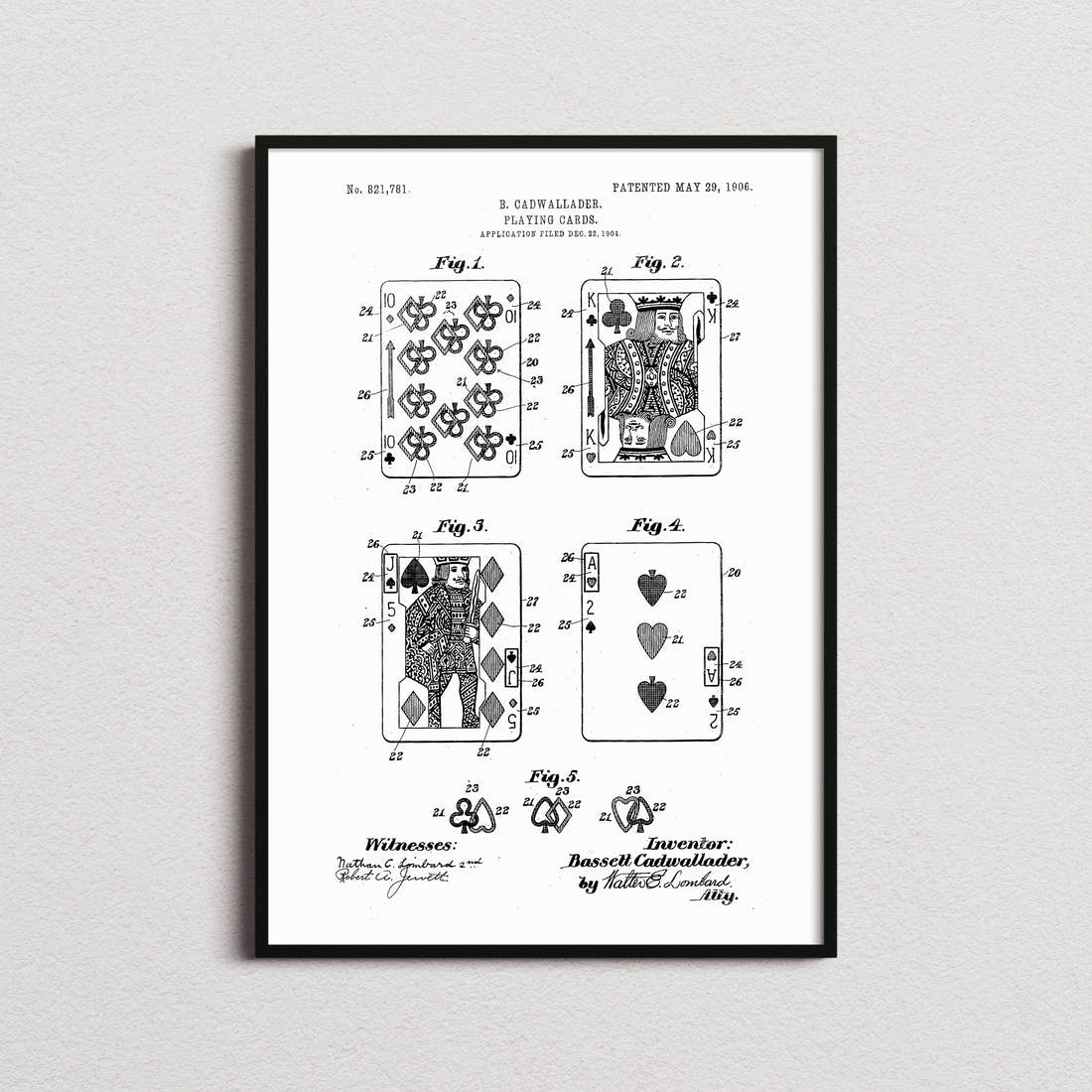 Playing Cards Patent Print in the white colourway, framed