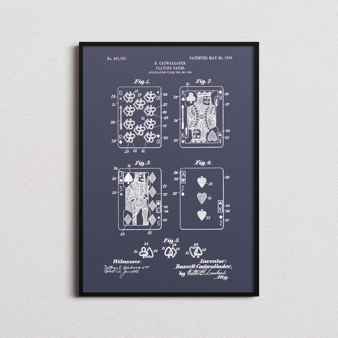 Playing Cards Patent Print in the navy colourway, framed
