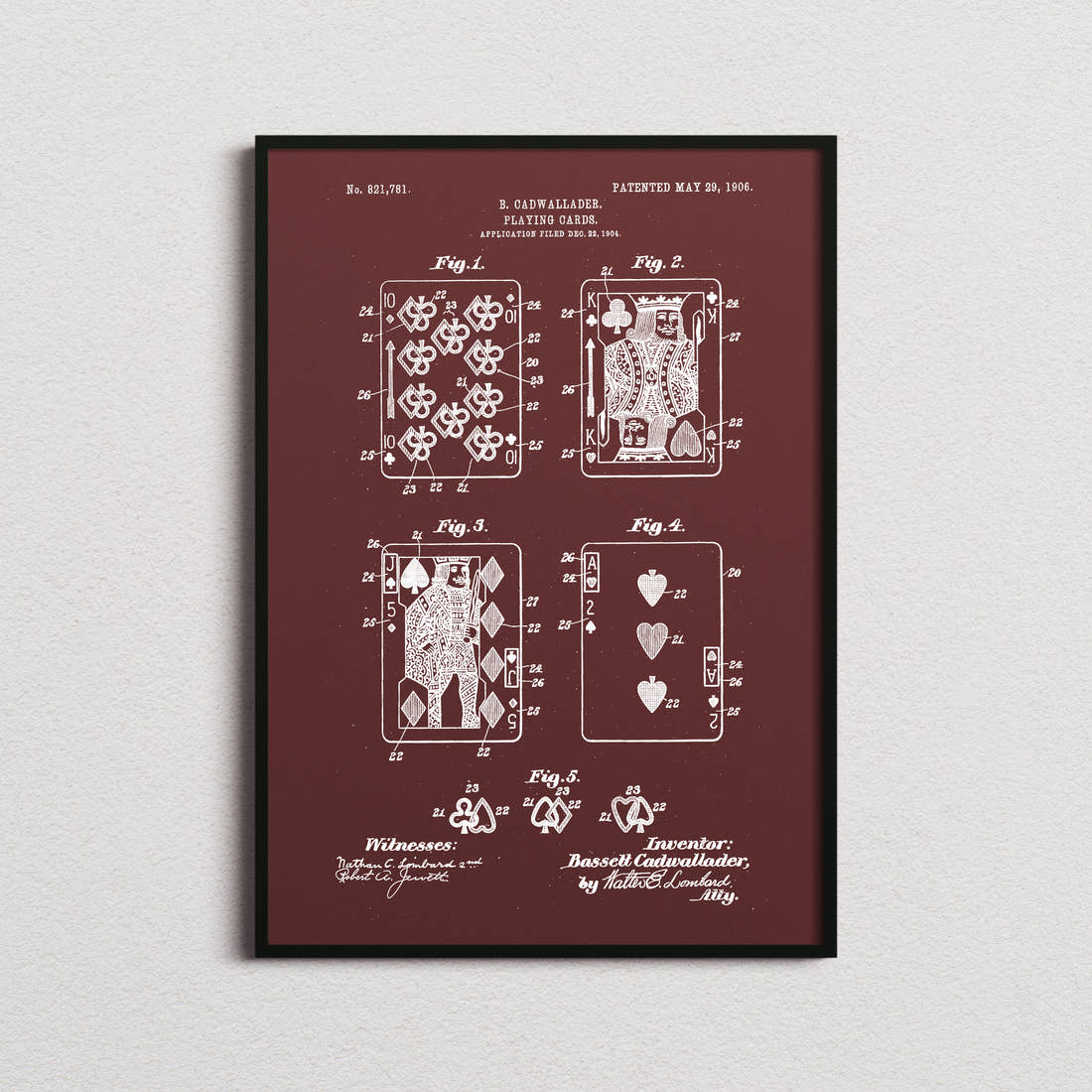 Playing Cards Patent Print in the burgundy colourway, framed