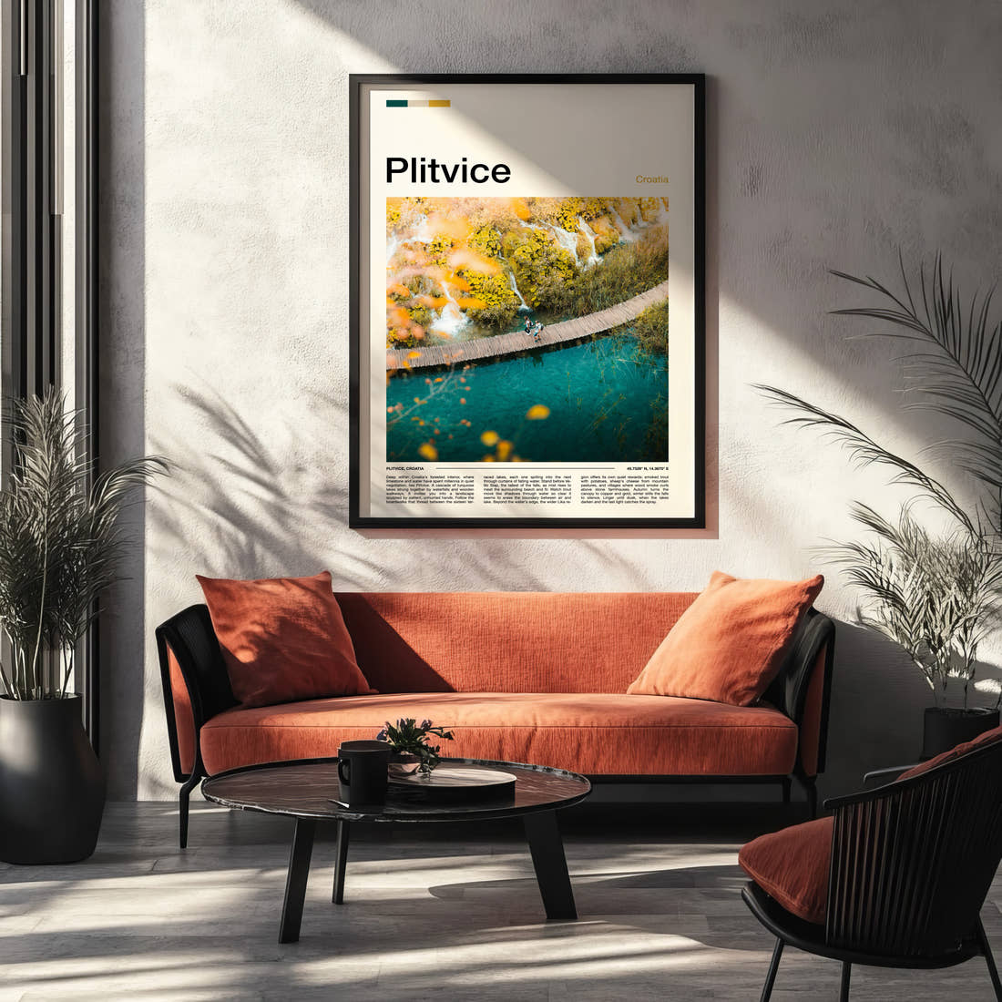 Plitvice Boardwalk From Above Travel Print framed on the wall of a modern living room