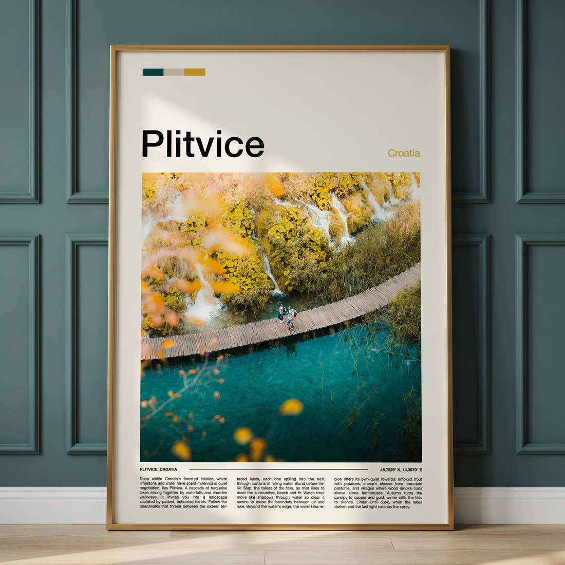 Plitvice Boardwalk From Above Travel Print framed on the wall of a calm, neutral bedroom
