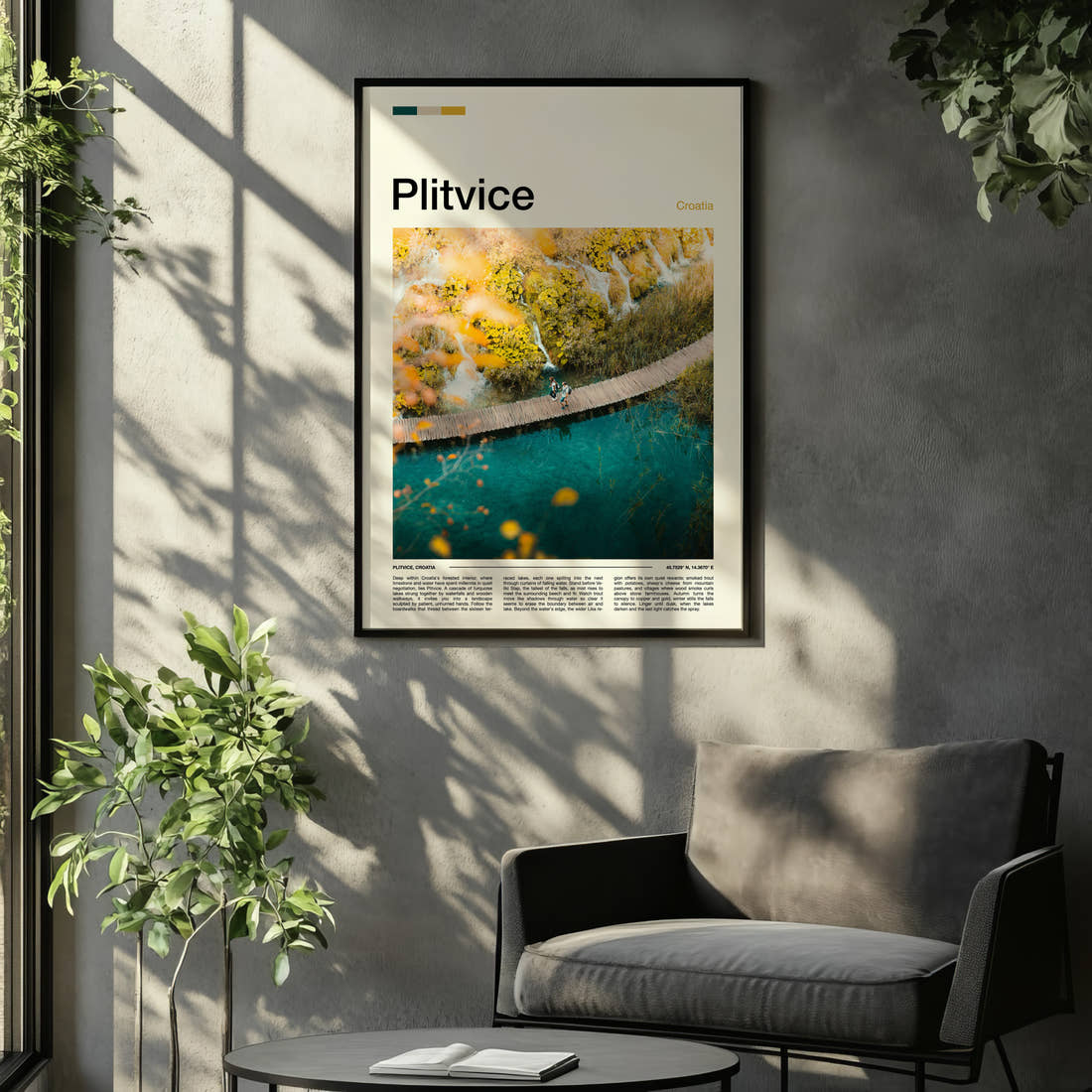 Plitvice Boardwalk From Above Travel Print framed on the wall of a relaxed living room
