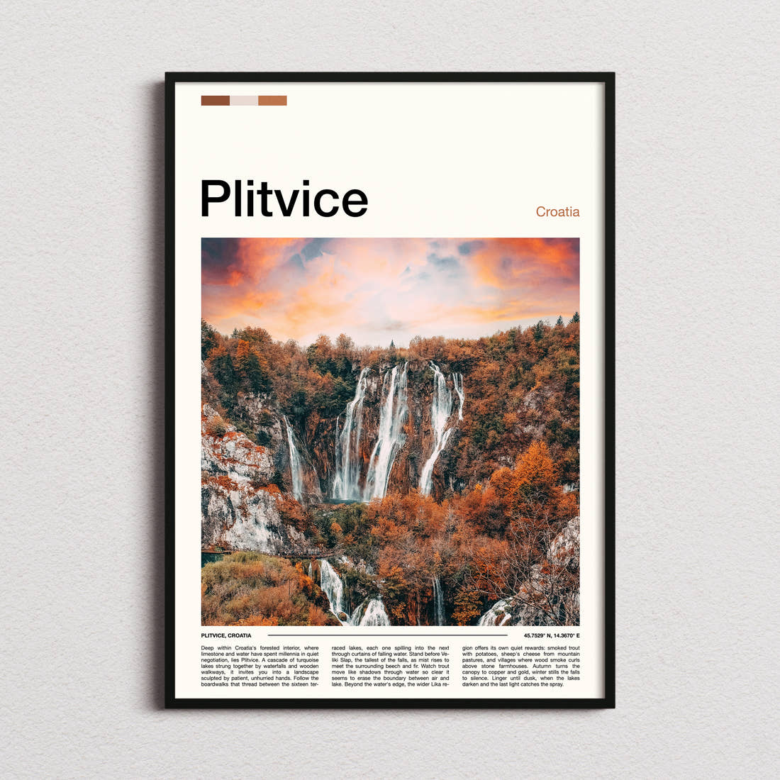 Plitvice Autumn Waterfalls At Sunset Travel Print framed and photographed straight on