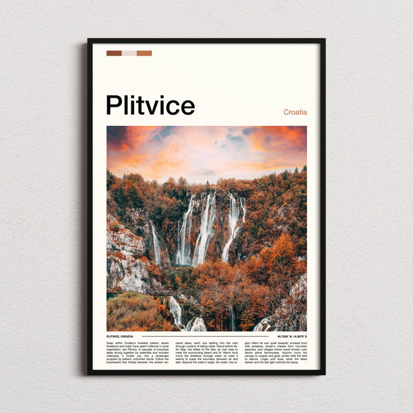 Plitvice Autumn Waterfalls At Sunset Travel Print framed and photographed straight on