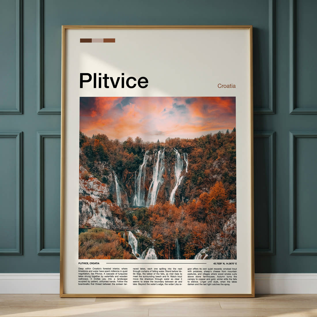 Plitvice Autumn Waterfalls At Sunset Travel Print framed on the wall of a calm, neutral bedroom
